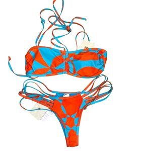 Fabletics Abstract Print Bikini Set | Strapless Wrap Top & Multi-Strap Bottom